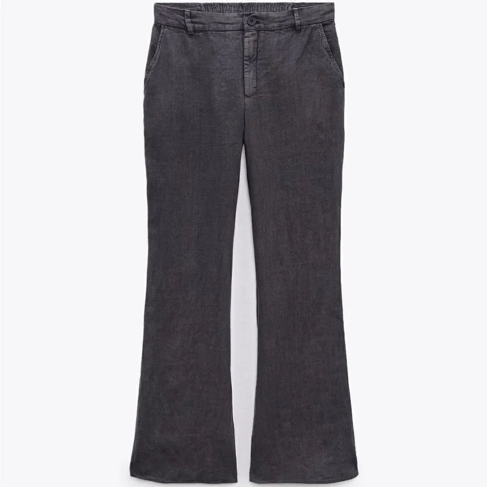 Zara 100% Linen Washed Grey Pants Flared
